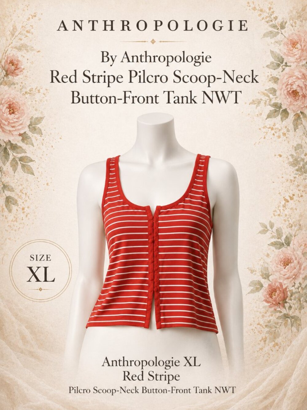 Pilcro Anthropologie Tank Top Red Stripe Button Front Scoop Neck Womens XL NWT